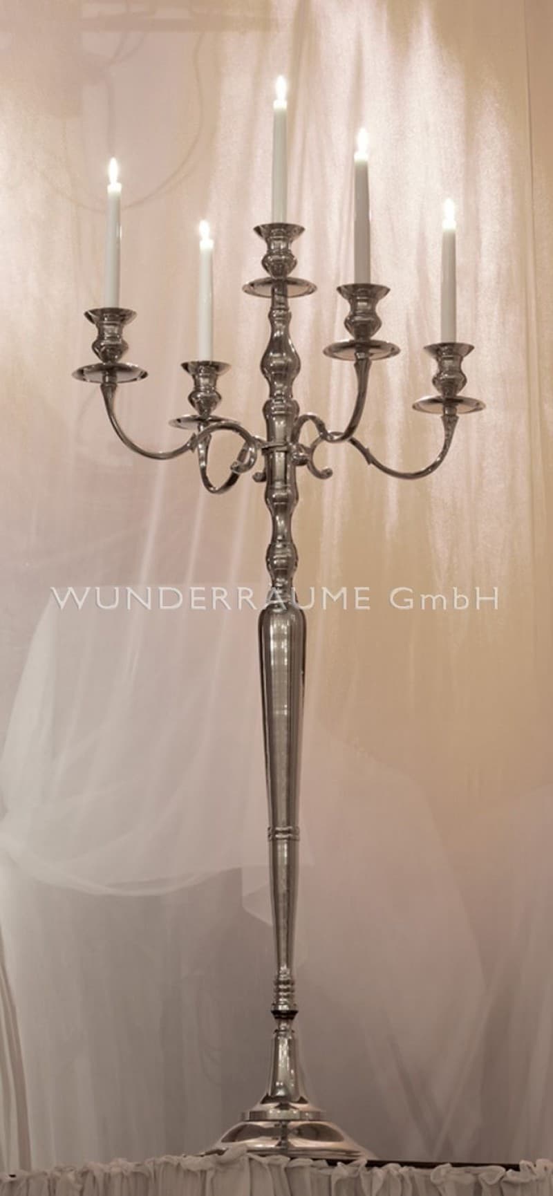 Kerzenleuchter; 5-armig, verchromt; 150 cm WUNDERRÄUME GmbH vermietet: – 2