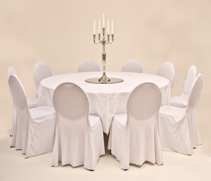 Set Bankett 1x Tisch rund 150cm inkl. Tuch weiß, 8x Stuhl mit Husse optimal weiß – 5