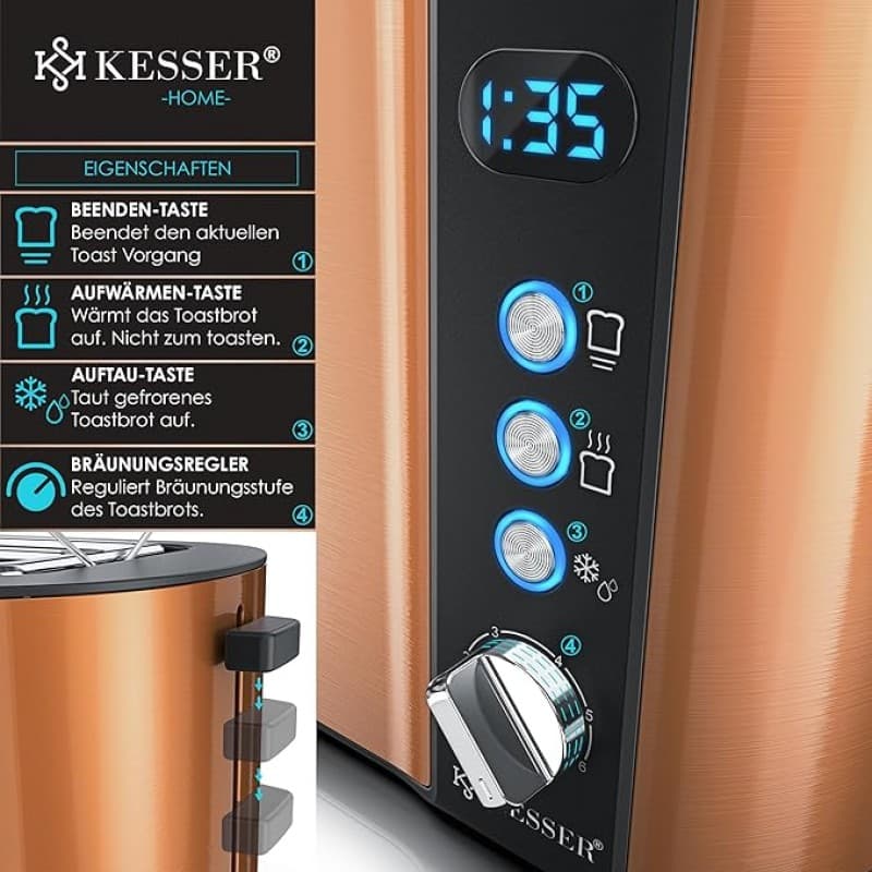 Toaster 4er mit Brötchenaufsatz Automatik-Langschlitztoaster mit 6 Bräunungsstufen Auftau- &amp; Aufwärm – 2