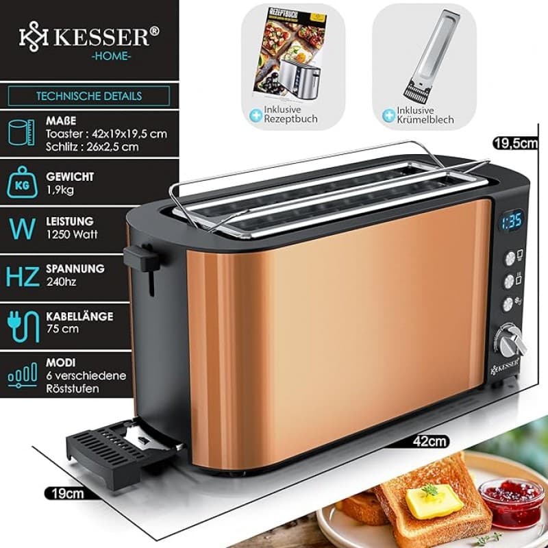 Toaster 4er mit Brötchenaufsatz Automatik-Langschlitztoaster mit 6 Bräunungsstufen Auftau- &amp; Aufwärm – 3