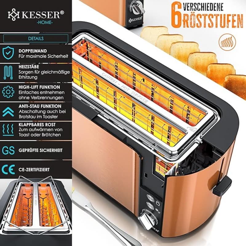 Toaster 4er mit Brötchenaufsatz Automatik-Langschlitztoaster mit 6 Bräunungsstufen Auftau- &amp; Aufwärm – 4