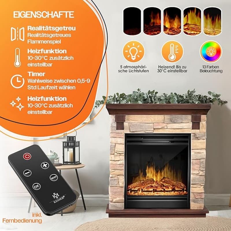 Elektrokamin mit LED 3D Flammeneffekt Heizfunktion 1.800 W Leistung Timer Thermostat Fernbedienung d – 2