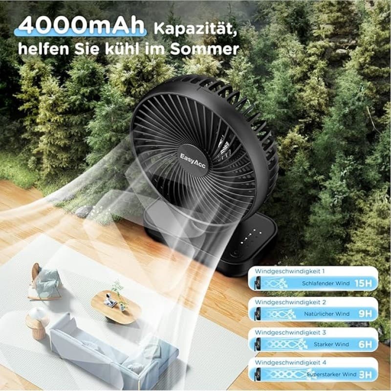 Tischventilator Akku USB-Ventilator 4000 Akku Klein Tragbar 4 Geschwindigkeiten Ventilatoren Leise M – 2