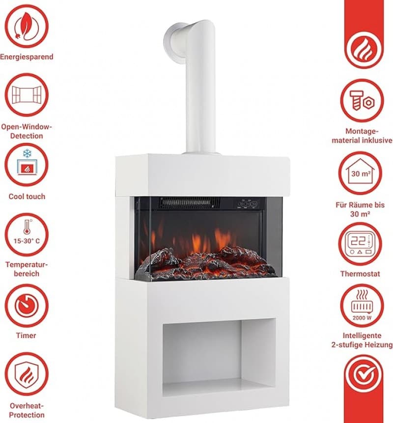 Elektrischer Kamin mit Ofenrohr 2000 W Elektroofen mit Heizung 3D-Flammeneffekt Holzfach Fernbedienu – 4