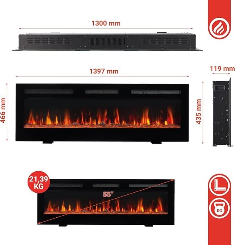 Elektrischer Kamin Standkamin Elektrokamin 1,4 m Breite mit Heizung 3D-Flammeneffekt 12 Flammenfarbe – 4
