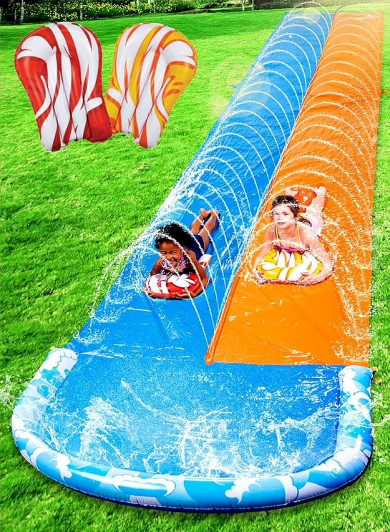 Wasserrutsche ca. 10 m Heavy Duty Rasen Wasserrutschen Doppel mit Sprinkler für Kinder + Erwachsene
