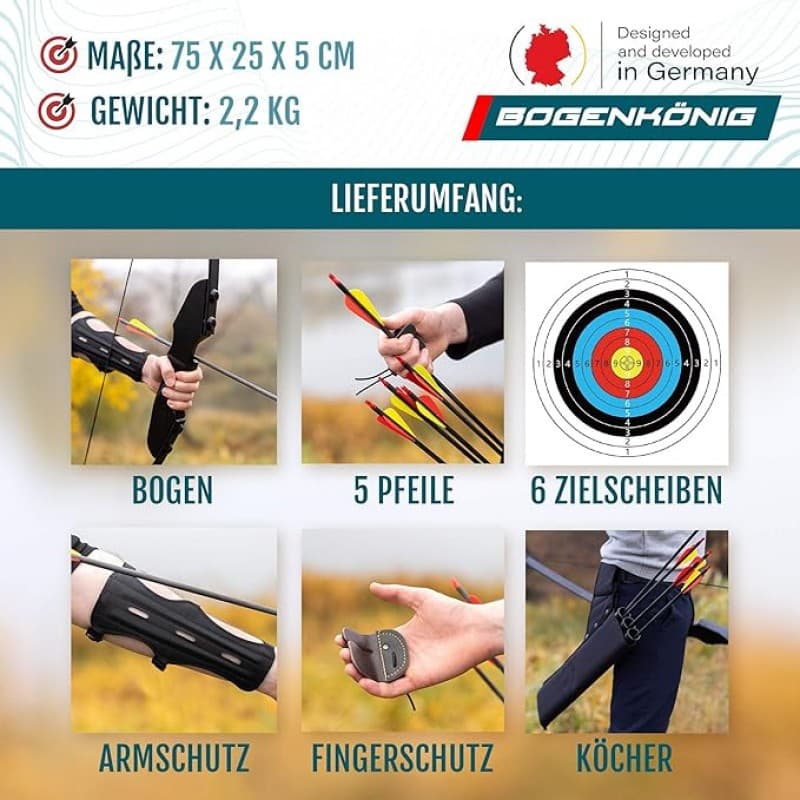 Bogenschießen Premium Recurvebogen Set Erwachsene Holzfinish Präzisionsausführung 18 kg Zuggewicht – 5