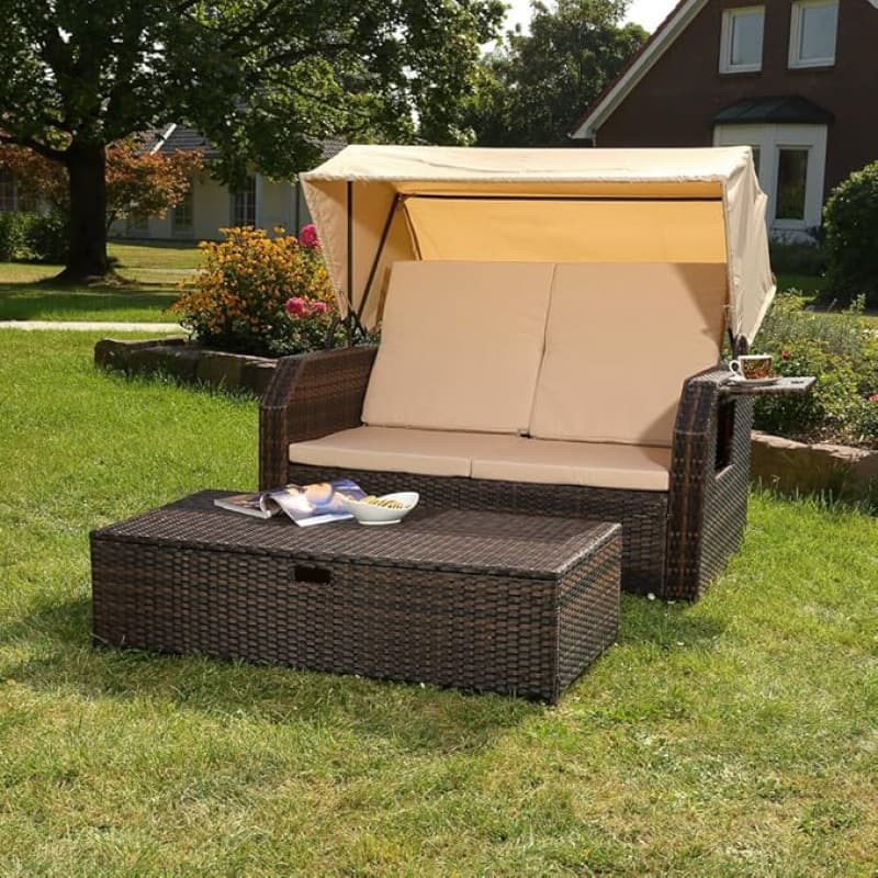 Sonnenbett Strandkorb Lounge aus Polyrattan braun inkl. klappbaren Seitentisch + verstellbarer Rücke – 2