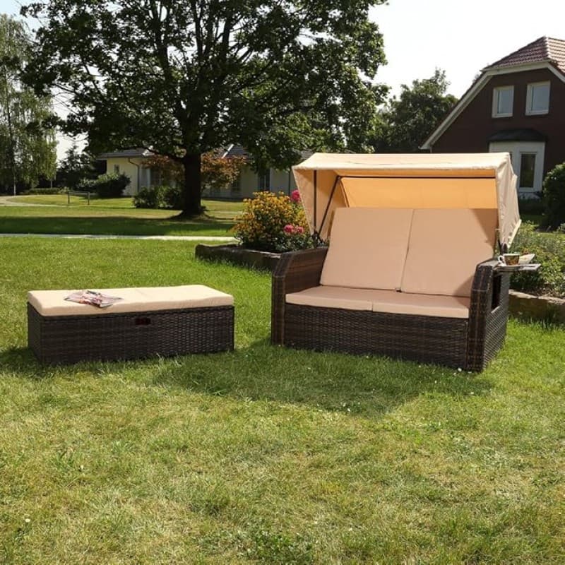Sonnenbett Strandkorb Lounge aus Polyrattan braun inkl. klappbaren Seitentisch + verstellbarer Rücke – 3