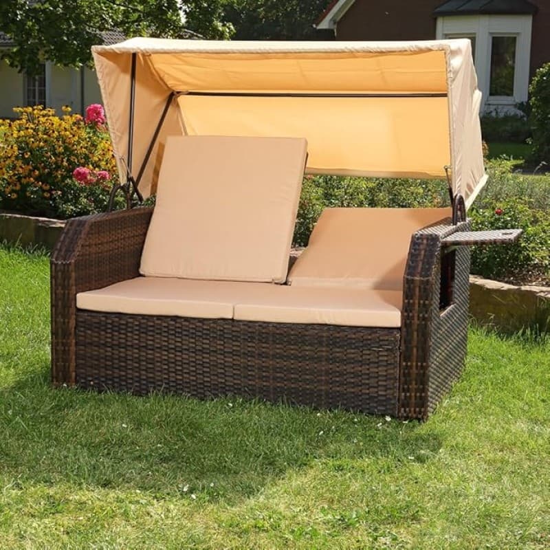 Sonnenbett Strandkorb Lounge aus Polyrattan braun inkl. klappbaren Seitentisch + verstellbarer Rücke – 4
