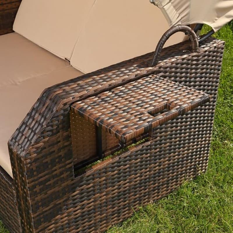 Sonnenbett Strandkorb Lounge aus Polyrattan braun inkl. klappbaren Seitentisch + verstellbarer Rücke – 5