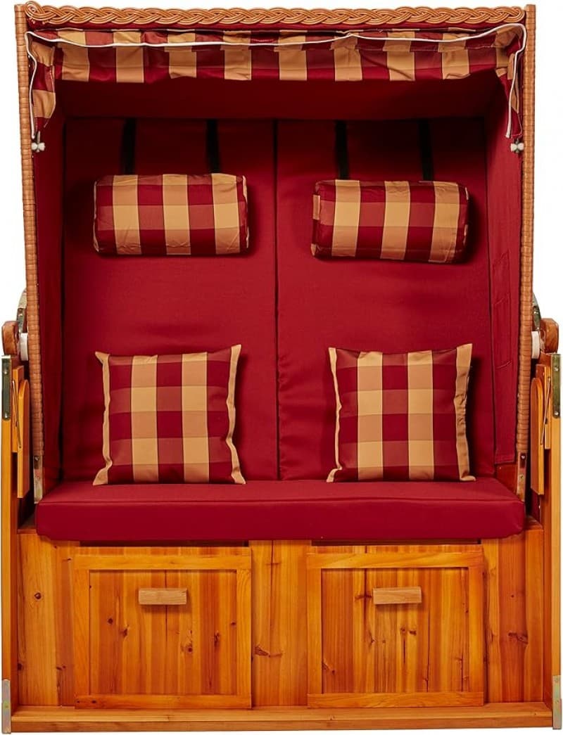 Strandkorb rot Strandschönheit Ostsee 2-Sitzer Vollholzfront beige burgund kariert Strand Balkon Ter – 3