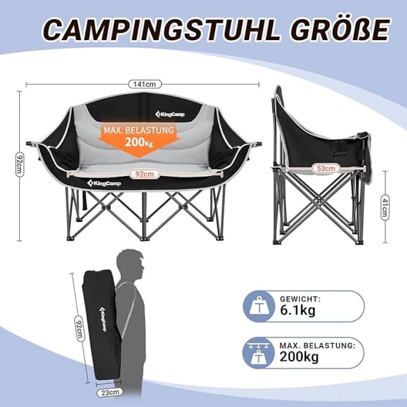 Campingbank Campingstuhl für 2 faltbar Camping Stuhl XXL Erwachsene mit Becherhalter Armlehne Übergr – 2