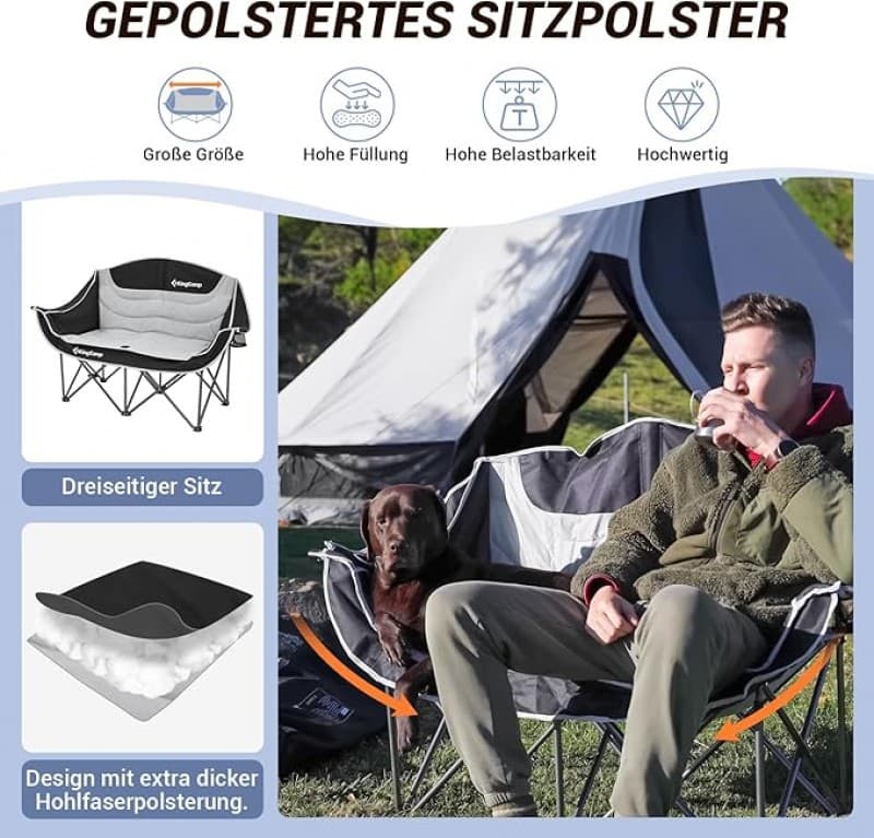 Campingbank Campingstuhl für 2 faltbar Camping Stuhl XXL Erwachsene mit Becherhalter Armlehne Übergr – 4
