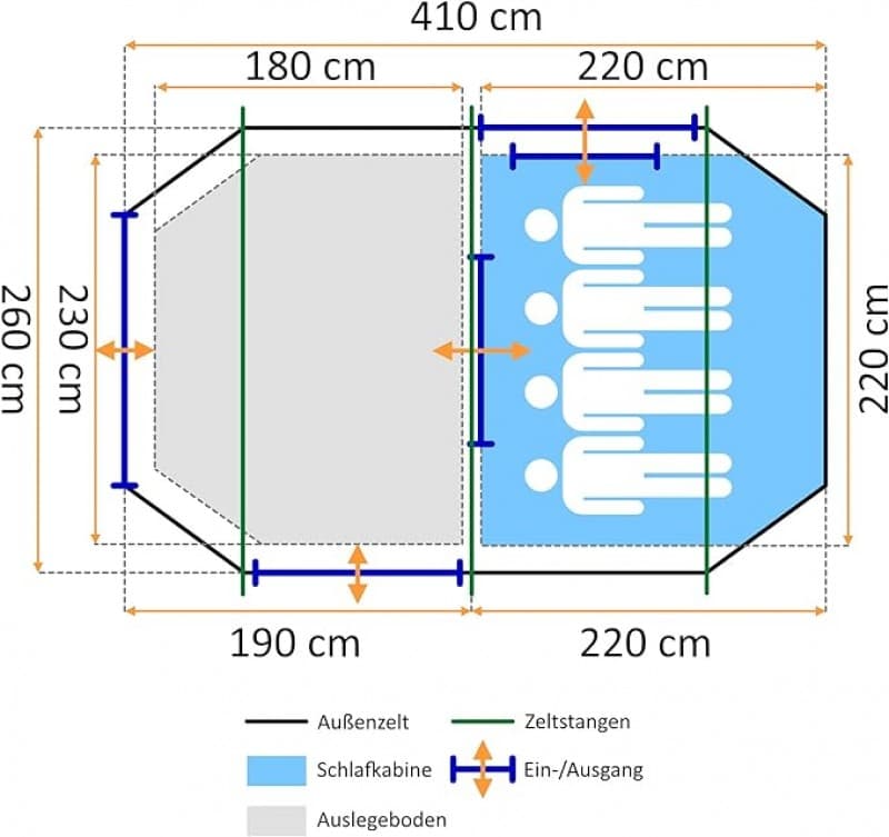 Zelt für 4 Personen Tunnelzelt mit 2 Eingängen und Vordach 3000 mm Wassersäule Gruppenzelt Campingze – 2