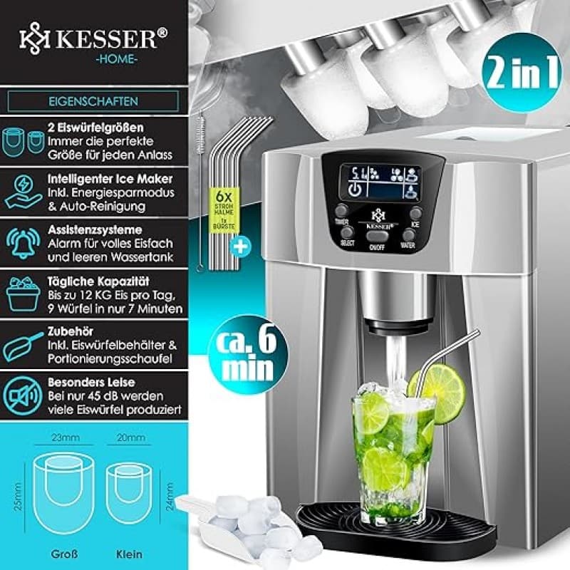Eiswürfelbereiter Edelstahl Eiswürfelmaschine 100 W Eisbereiter 12 kg in 24 h 2 Würfelgrößen – 2