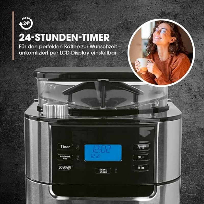 Filterkaffeemaschine Mahlwerk bis zu 12 Tassen Kaffee für Kaffeebohnen und Kaffeepulver Tassenwärmer – 5