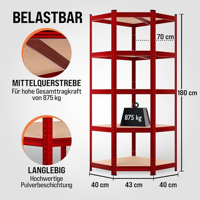 Ecklagerregal Schwerlastregal 180 x 70 x 40 cm 875 kg 5er MDF Regal Rot – 3