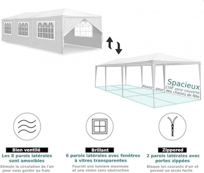 Hochzeitszelt Gartenpavillon faltbares Partyzelt Pavillon 3 x 9 m 27 qm wasserdicht mit 8 Wänden UV- – 5
