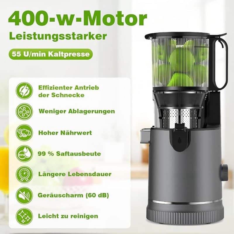 Entsafter 1,8 L Slow Juicer 400 W 147 mm Einfüllschacht elektrisch hohe Saftausbeute &amp; Nährstoffe – 5