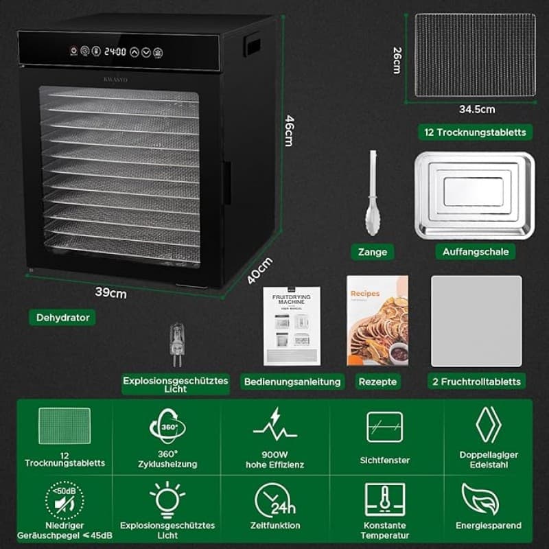 Dörrautomat 1000 Watt aus Edelstahl 12 Stufen schwarz 30-90°C Temperaturregelung 24-Stunden-Timer – 2