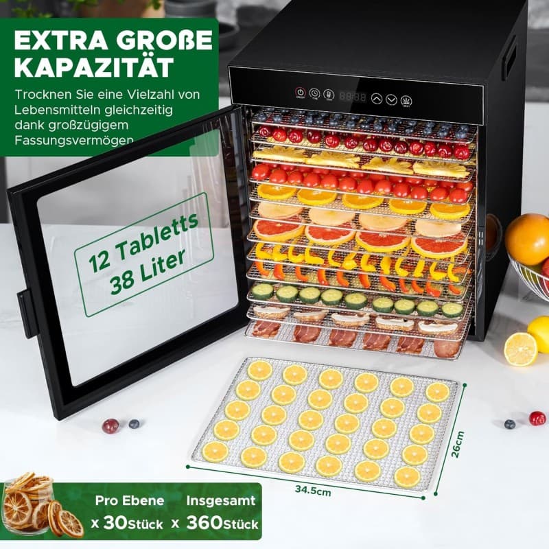 Dörrautomat 1000 Watt aus Edelstahl 12 Stufen schwarz 30-90°C Temperaturregelung 24-Stunden-Timer – 5