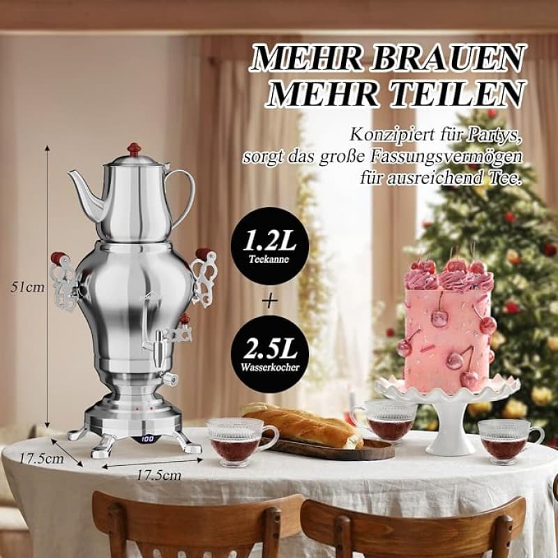 Türkischer Teekocher Wasserkocher elektrisch Samoware Edelstahl 1850 Watt Teemaschine 2,5 L + 1,2 L  – 2