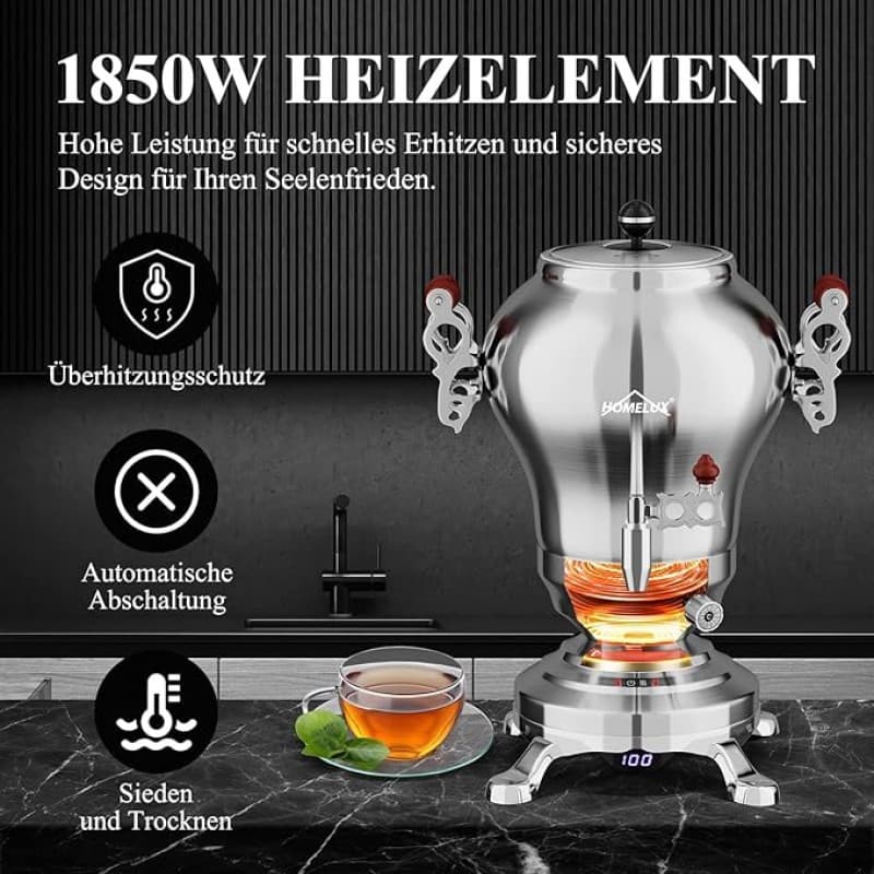 Türkischer Teekocher Wasserkocher elektrisch Samoware Edelstahl 1850 Watt Teemaschine 2,5 L + 1,2 L  – 3