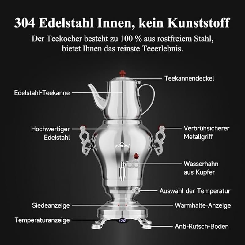 Türkischer Teekocher Wasserkocher elektrisch Samoware Edelstahl 1850 Watt Teemaschine 2,5 L + 1,2 L  – 4