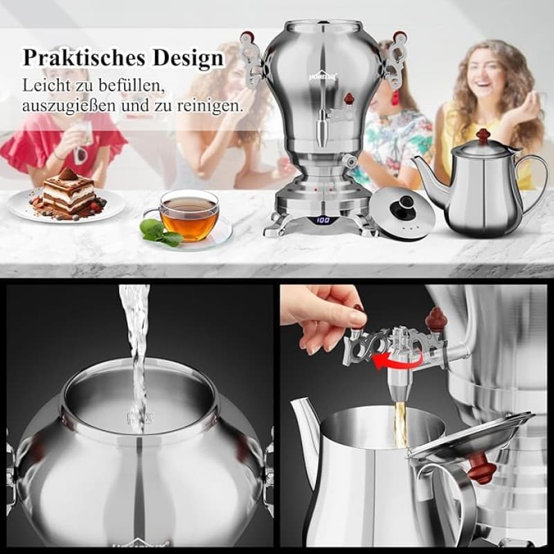 Türkischer Teekocher Wasserkocher elektrisch Samoware Edelstahl 1850 Watt Teemaschine 2,5 L + 1,2 L  – 5