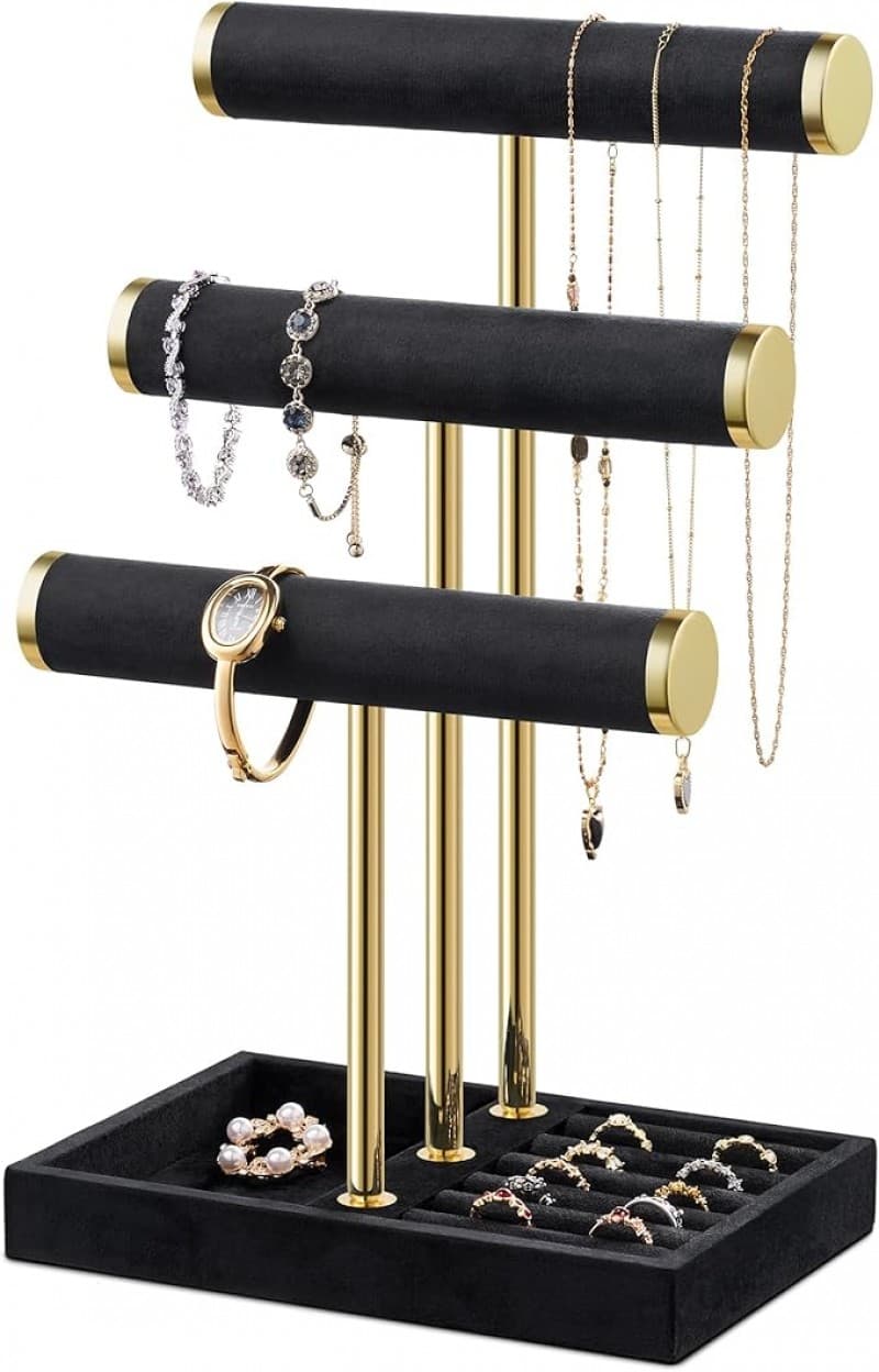 Schmuckständer Schmuck Organizer mit 3 Ebenen schwarz Armbänder abnehmbarer T-Steg Schmuck Ständer – 2