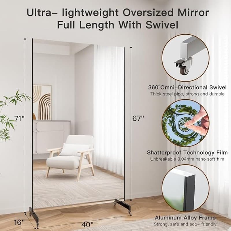 Ganzkörperspiegel 170 x 100 cm Spiegel Fitnessraum groß mit Rollen 360° drehbar Standspiegel Spiegel – 3