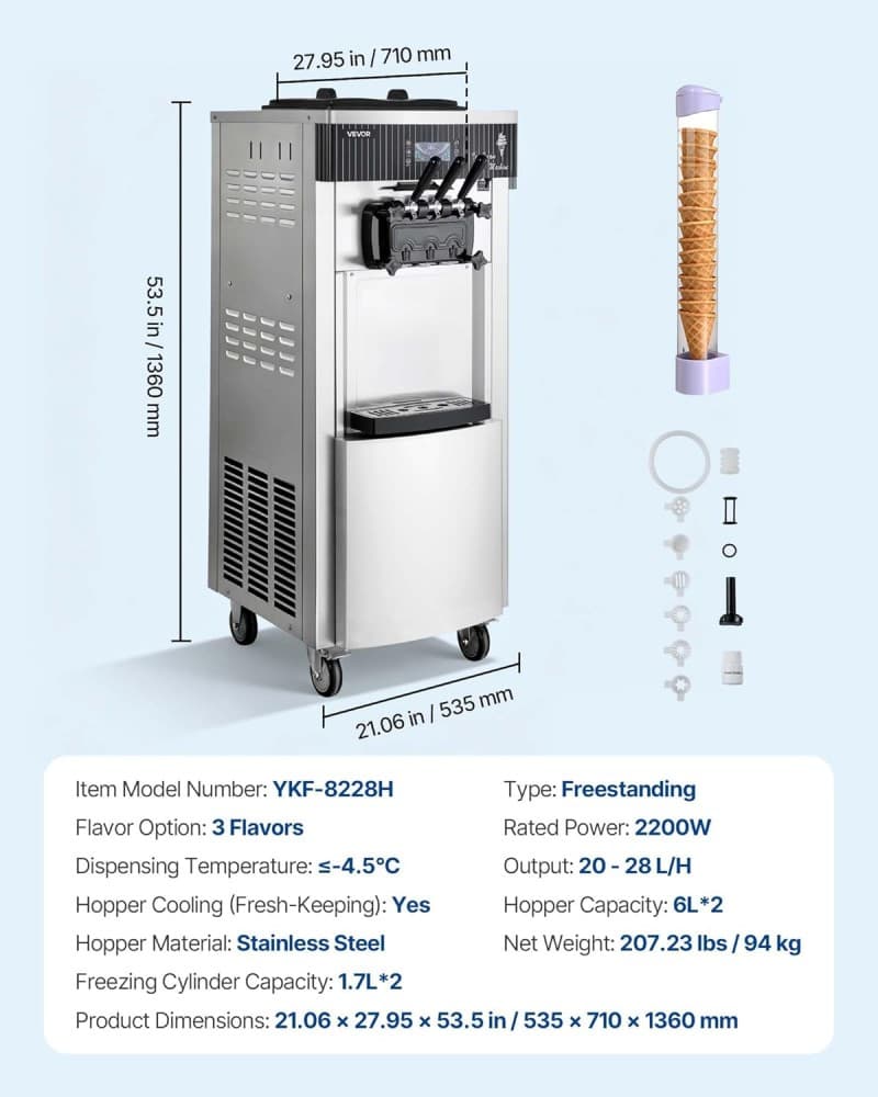 Kommerzielle Softeismaschine 2200 W Eismaschine freistehend 20-28 L/h 3 Geschmacksrichtungen – 3