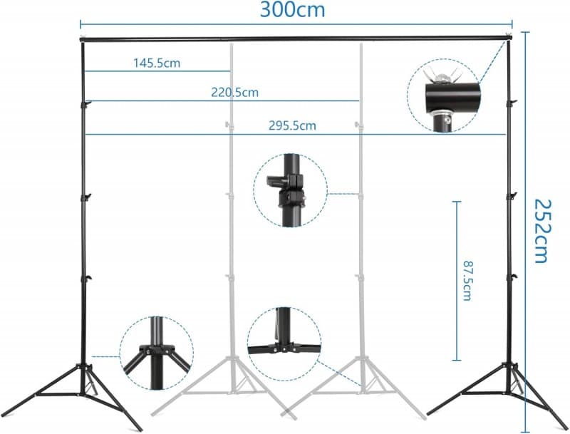 Verstellbarer Hintergrund Ständer für Fotografie 3 x 2,6 m Fotohintergrund mit 6 Fischmaul Klemmen – 2