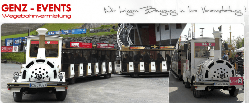 Wege - Besucherbahn weiss - gold 56 Personen Shuttlebahn - Tschu Tschu Bahn - Wegebahn - Bimmelbahn - Messebahn - Besucherbahn - Minizug - Kindereisenbahn mieten