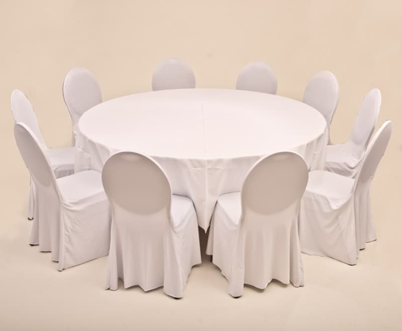Set Bankett 1x Tisch rund 150cm inkl. Tuch weiß, 8x Stuhl mit Husse optimal weiß