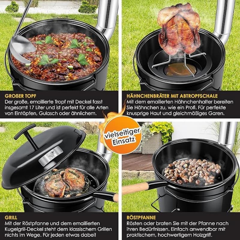 GULASCHKANONE Gulaschkessel Eintopfofen mit Grillfunktion + Hähnchenbräter – kochen rösten grillen – 2