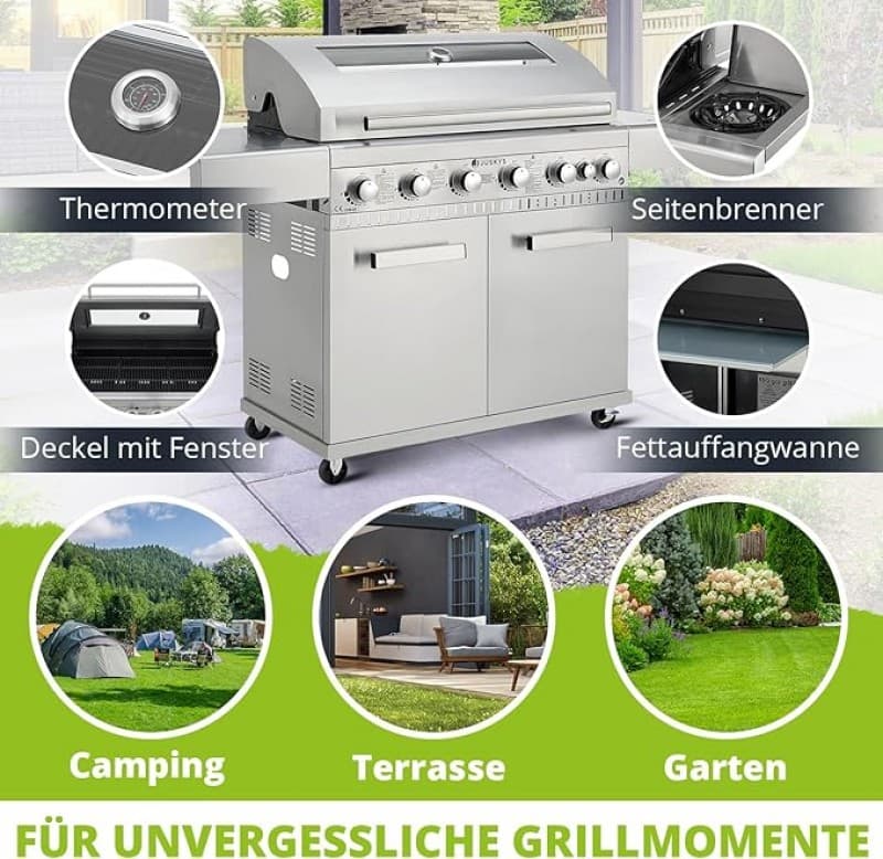 BBQ Gasgrill – 6 Brenner und 1 Seitenbrenner – XXL Edelstahl Gas Grill mit Gusseisen Grillrost, Koch – 3
