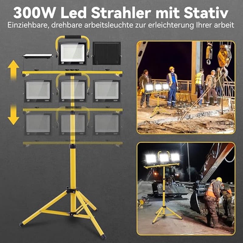 LED Baustrahler 300 W 6500 K einstellbare Richtung 230 V Kaltweiss Scheinwerfer 30000lm – 3