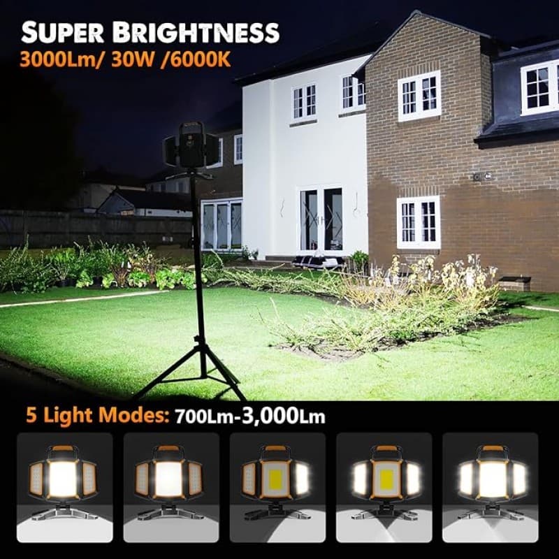 LED Strahler Akku 30 W 3000 LM super Hell Baustrahler mit Magnet 5 Lichtmodi und Powerbank drehbare – 3