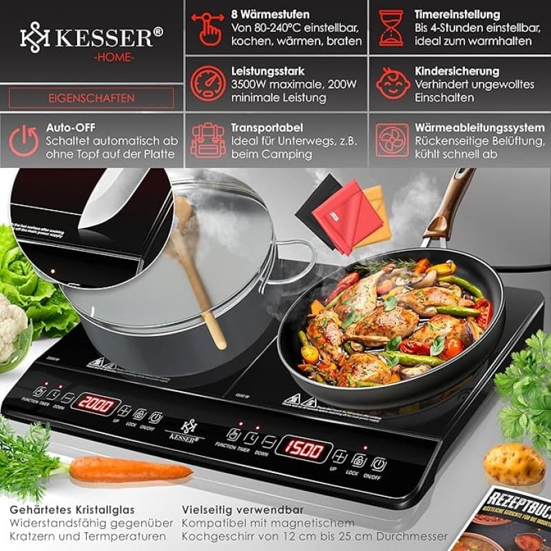 Induktionskochfeld Induktionsplatte 2 Platten 3500 Watt tragbare 57 cm Kochplatte 8 Heizstufen 4h – 2