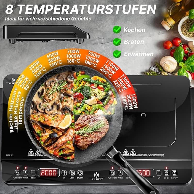 Induktionskochfeld Induktionsplatte 2 Platten 3500 Watt tragbare 57 cm Kochplatte 8 Heizstufen 4h – 3