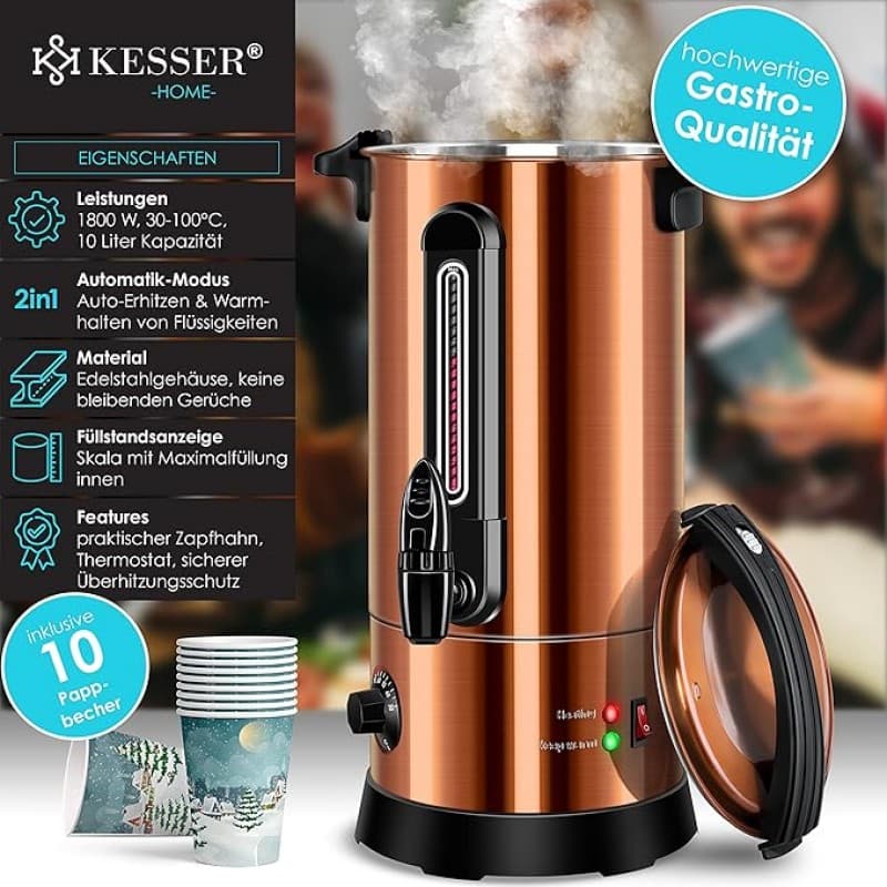 Glühweinkessel 10 L Edelstahl 1800 W 30-100°C Glühweinkocher Kakaokocher Thermostat Glühweinautomat – 2
