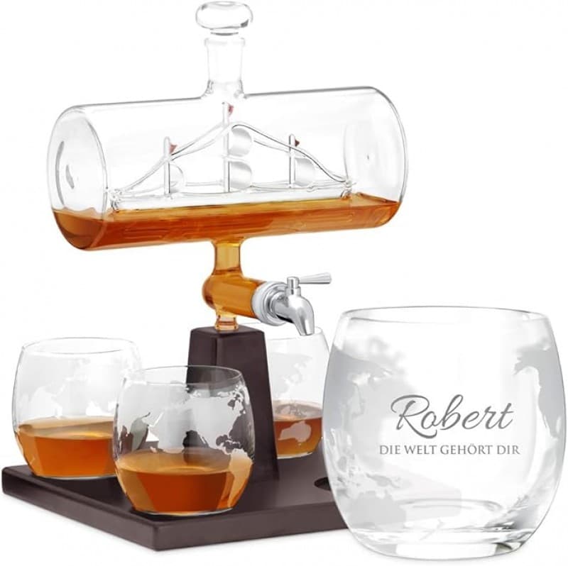 Whiskykaraffe Whiskyzapfanlage Schiff mit Edelstahl-Zapfhahn 1000 ml 4er Whiskygläser Set Whisky Kar – 2