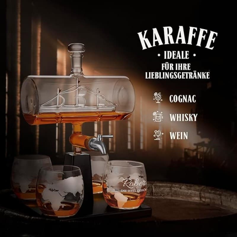 Whiskykaraffe Whiskyzapfanlage Schiff mit Edelstahl-Zapfhahn 1000 ml 4er Whiskygläser Set Whisky Kar – 3