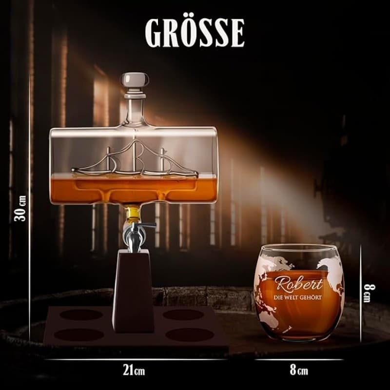 Whiskykaraffe Whiskyzapfanlage Schiff mit Edelstahl-Zapfhahn 1000 ml 4er Whiskygläser Set Whisky Kar – 4