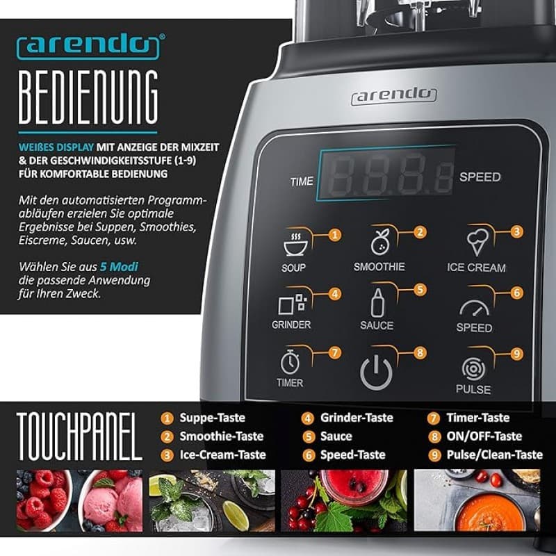 Küchenmixer Küchenmaschine 2000 Watt mit Touchpanel High Line Mixer 2 L 9 Geschwindigkeitsstufen Max – 3