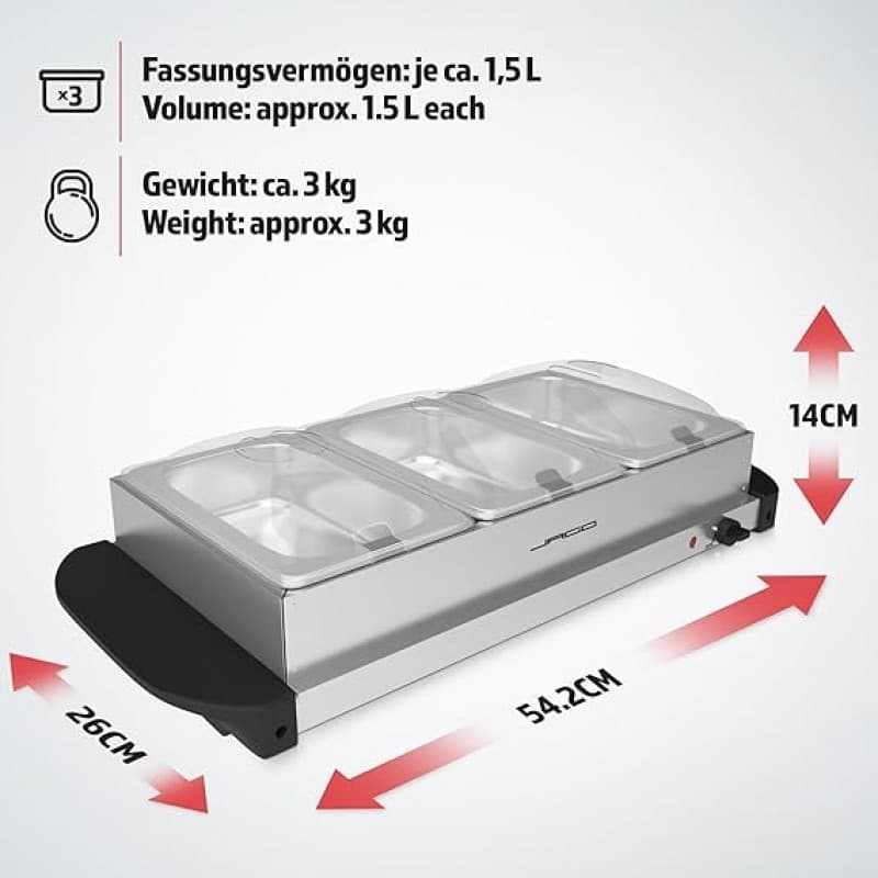 Speisenwärmer Buffet Warmhalteplatte 3 x 1,5 Liter 54,2 x 26 x 14 cm – 150 bis 300 Watt – 2