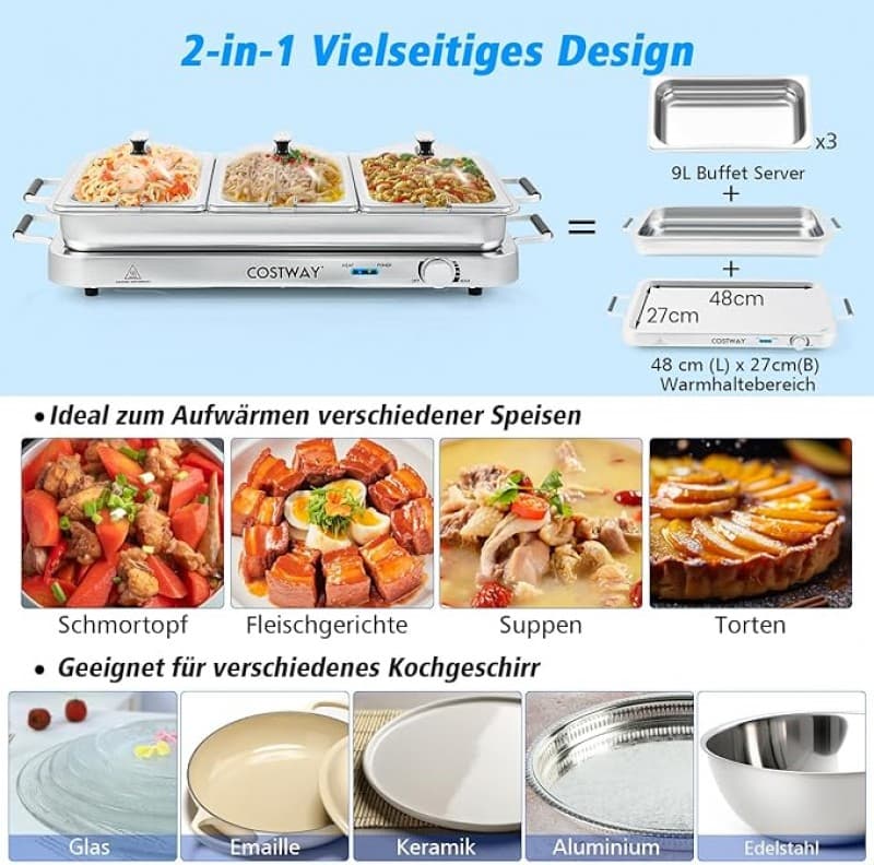 Warmhaltegerät 3 in 1 Warmhalteplatte Speisenwärmer Wärmebehälter Buffetwärmer elektrisch 9 L mit Te – 3