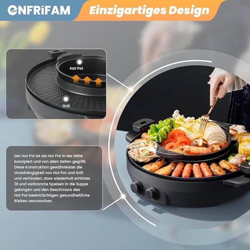 Elektrischer Hot Pot 2-in-1 Hotpot Topf und Raclette Grill Pfanne und Suppentopf abnehmbar rauchfrei – 3